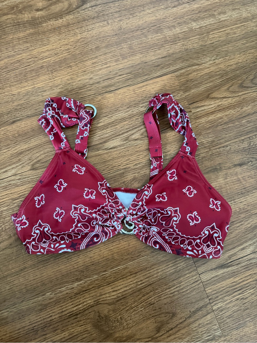 Red Paisley Bandeau Bikini Top with Ring Detail